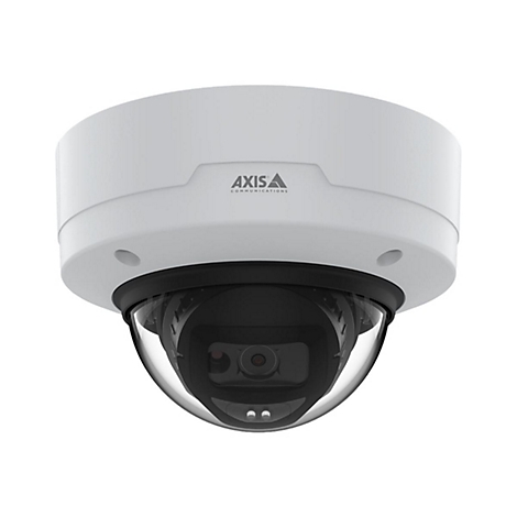Eine weiße Überwachungskamera mit schwarzer Kuppel und AXIS-Logo.