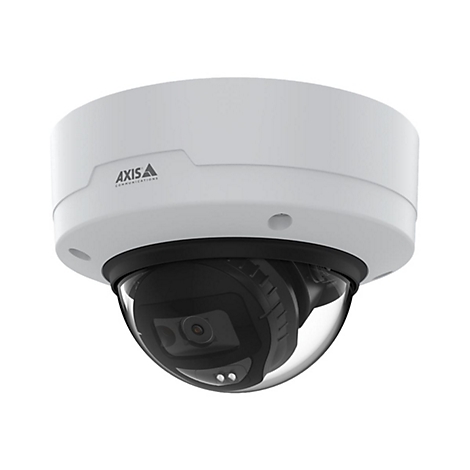 Eine weiße AXIS Überwachungskamera, halbrundes Design, schwarze Kuppel mit Objektiv.