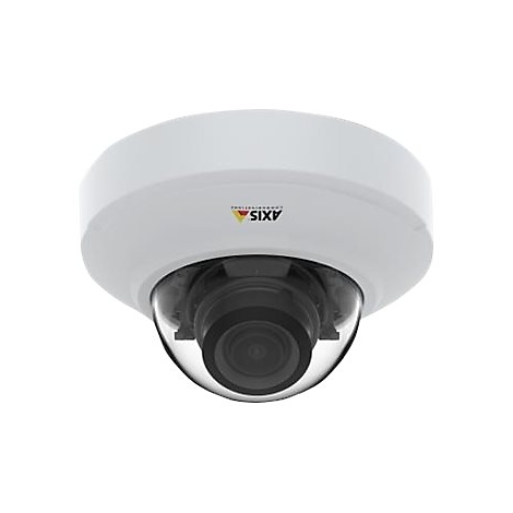 Kamera in Kuppelform mit transparentem Gehäuse. Auf der Oberseite steht das AXIS-Logo.