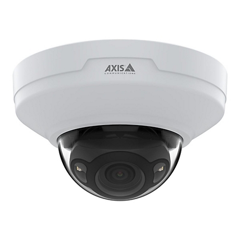 Weiße Überwachungskamera mit schwarzem Objektiv und Firmenlogo. Rundes Gehäuse mit Kuppel-Objektiv für Rundumblick.