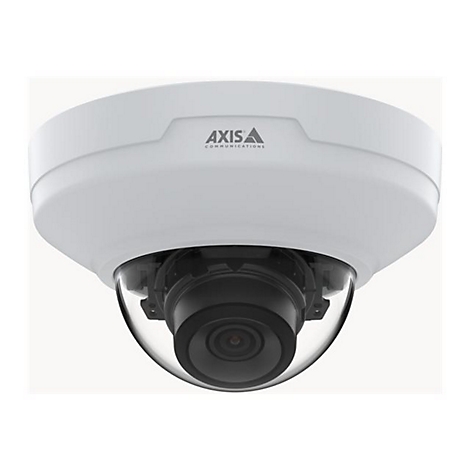 Weiße Überwachungskamera mit schwarzem Objektiv und Kuppel-Design, Firmenlogo 'Axis Communications'.