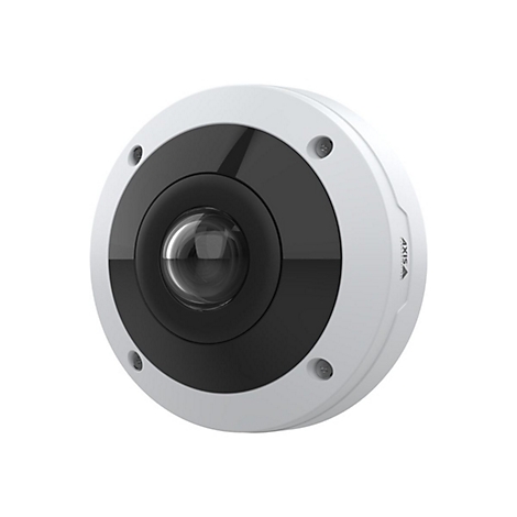 Nahaufnahme einer weißen Überwachungskamera mit schwarzem Objektiv, das Logo von Axis ist zu sehen.