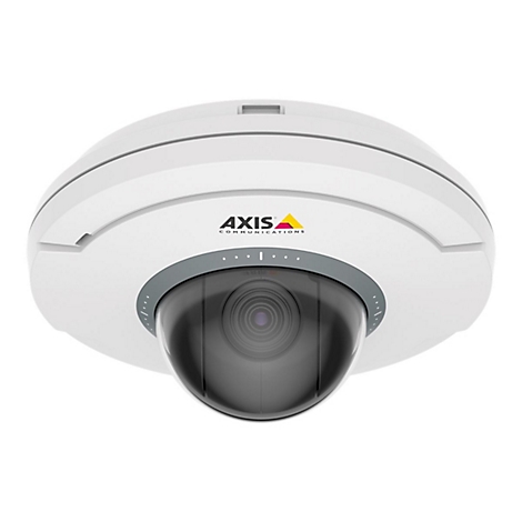 Eine weiße AXIS Überwachungskamera mit schwarzem, gewölbtem Objektiv und dem Logo.