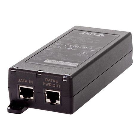 Schwarzes rechteckiges Netzteil mit zwei Ethernet-AnschlÃ¼ssen, Beschriftung DATA IN und DATA & PWR OUT.