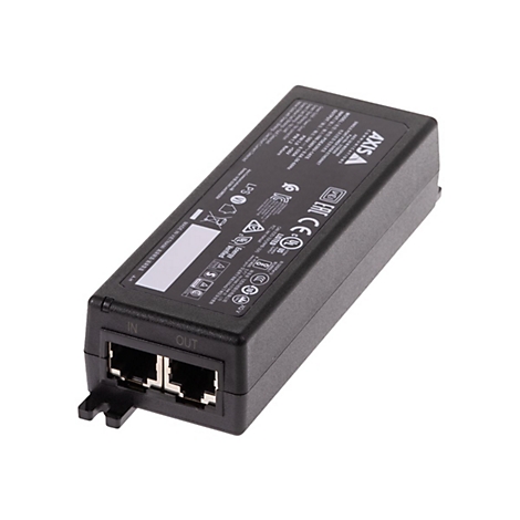 Schwarzer Axis Power-over-Ethernet Midspan mit zwei Netzwerkanschlüssen und Produktbeschriftung.