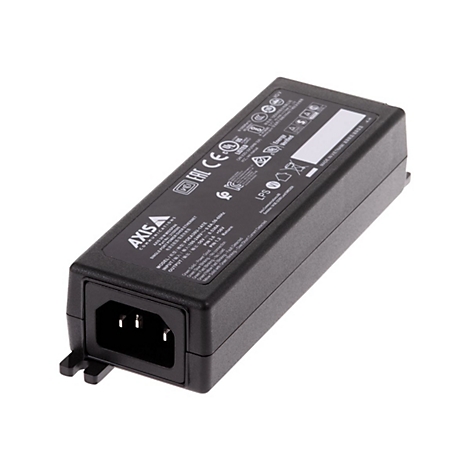 Schwarzes Axis Midspan Netzteil für Power over Ethernet Anwendungen mit Anschlussbuchse auf weißem Hintergrund.