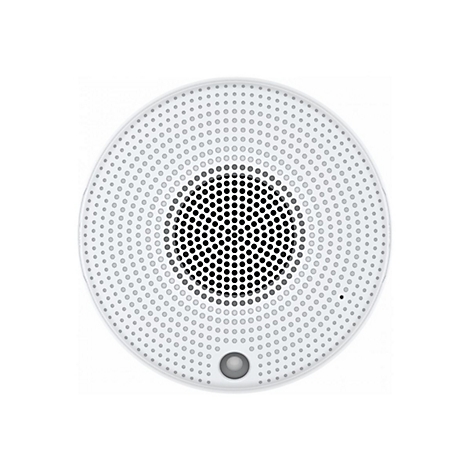 Vue de dessus d'un haut-parleur blanc avec une surface perforée et une grille noire au milieu.