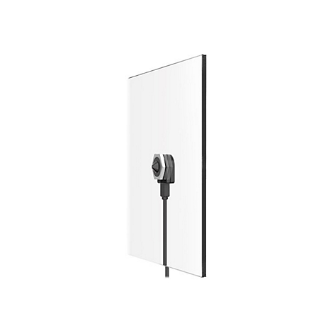 Ein weiÃŸes Panel mit schwarzem Rahmen und einer Kamera, die an einem Kabel befestigt ist.
