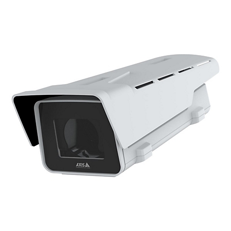 Caméra de surveillance blanche, lentille noire, toit à fentes, lettrage de la marque.