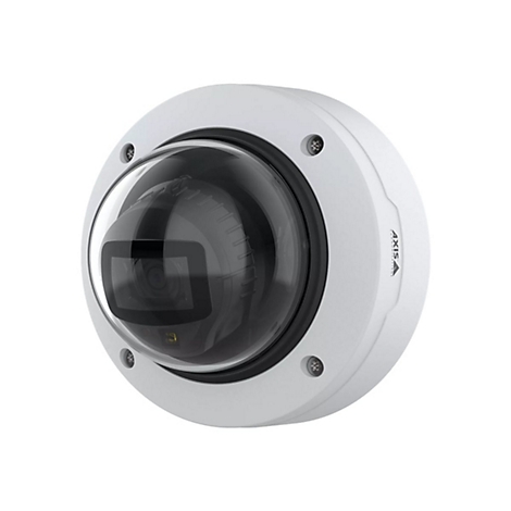 Weiße Überwachungskamera mit Glaskuppel und schwarzem Linsenelement. Schriftzug "AXIS" auf dem Gehäuse.