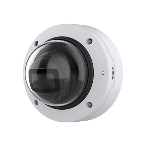 Weiße Überwachungskamera mit Glaskuppel, schwarzem Objektiv und AXIS-Logo.