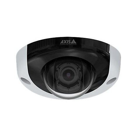 Caméra de surveillance ronde, blanche et noire avec dôme en verre. Logo AXIS en haut.