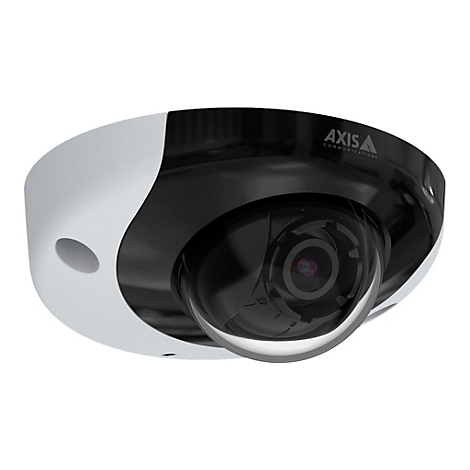 Une caméra de surveillance blanche et noire. Le logo AXIS est visible en haut.