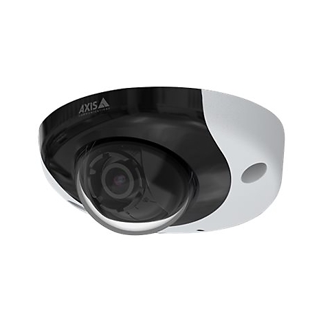 Caméra de surveillance ronde avec boîtier noir, bord blanc, inscription AXIS et dôme en verre.