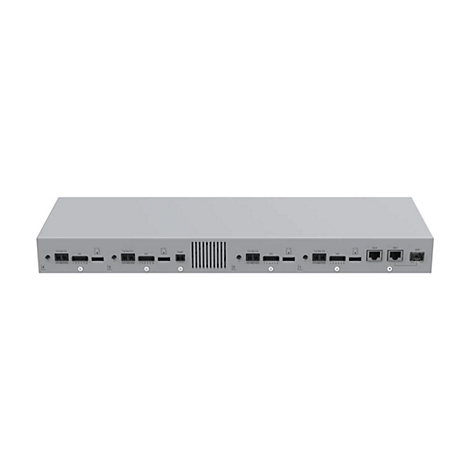 Graue Rückseite eines Netzwerk-Gateways mit diversen Anschlüssen, Beschriftungen und einem zentralen Lüftungsschlitz.