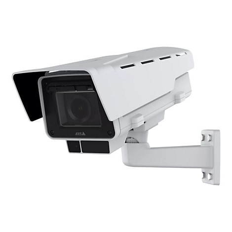 Weiße Überwachungskamera an Halterung, mit Sichtschutz. Mit dem Logo 'Axis'.