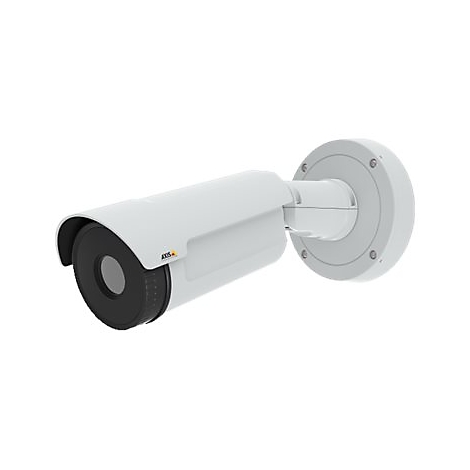 Weiße Überwachungskamera mit schwarzer Linse, an der Wand befestigt. Auf der Kamera steht "axis".