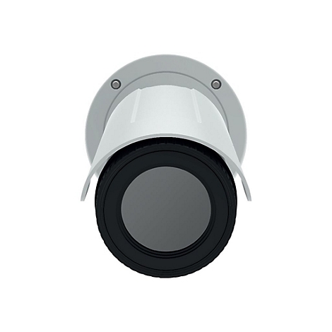 Nahaufnahme einer weißen Überwachungskamera. Rundes Objektiv, umgeben von einem schwarzen Rahmen. Befestigt an einer runden, weißen Halterung.