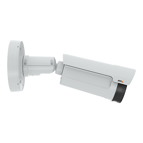 Eine weiße Überwachungskamera mit schwarzem Objektiv und Logo, an Wandhalterung befestigt.