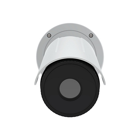 Draufsicht einer Überwachungskamera. Graue Halterung, weisses Gehäuse, schwarzes Objektiv auf weissem Hintergrund.