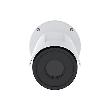 Nahaufnahme einer weißen Überwachungskamera. Schwarzes Objektiv in der Mitte, darüber ein weißes Gehäuse.