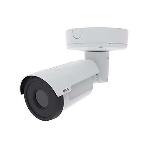 Weiße Überwachungskamera. Schwarz umrandete Linse, der Kamerakörper ist leicht angewinkelt.