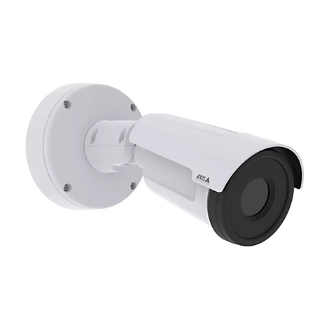 Eine weiße Überwachungskamera an der Wand. Die Kamera ist zylindrisch, mit schwarzer Linse und dem Logo 'Axis'.