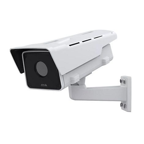 Weiße Überwachungskamera, an Wandhalterung befestigt. Auf schwarzem Hintergrund steht „Axis“.