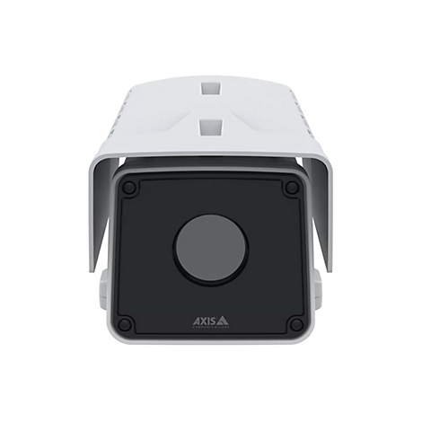 Nahaufnahme einer weißen Überwachungskamera. Schwarze Linse, weißes Gehäuse, Logo 'AXIS COMMUNICATIONS'.