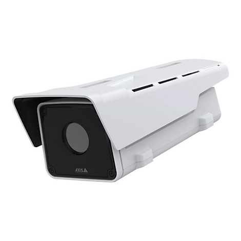 Weiße Überwachungskamera mit schwarzer Linse und der Aufschrift "AXIS COMMUNICATIONS".