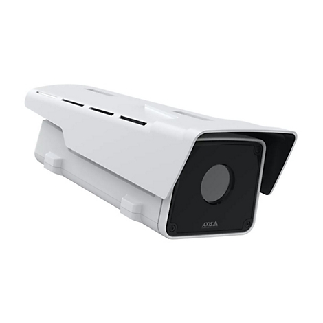 Weiße Überwachungskamera mit schwarzem Objektiv und Firmenlogo.