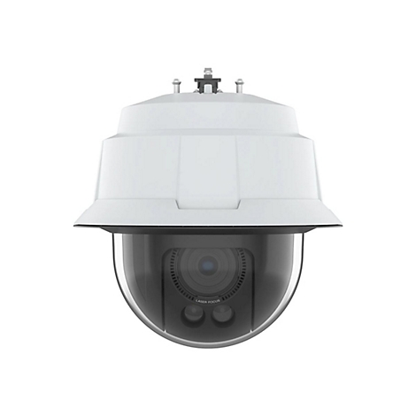 Eine weiße Überwachungskamera mit schwarzem, glänzendem Kuppelobjektiv, vor weißem Hintergrund.