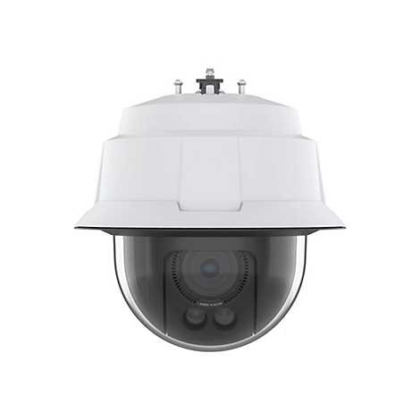 Kamera in Weiß-Schwarz. Die Kamera hat eine Kuppelform, darunter steht „Laser Focus“.