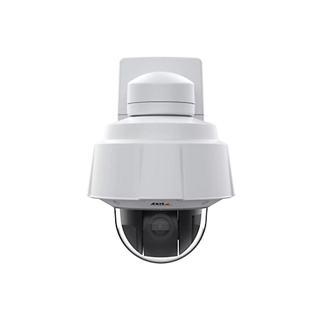 Weiße Überwachungskamera vor weißem Hintergrund. Das Objektiv ist in einer transparenten Kuppel verborgen.