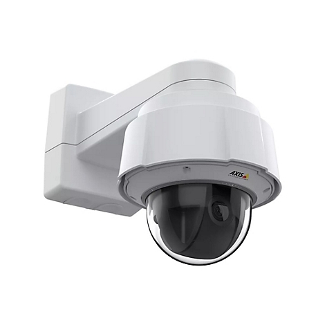 Weiße Überwachungskamera an der Wand. Die Kamera hat eine Kuppel mit Objektiv und ist mit "AXIS" beschriftet.