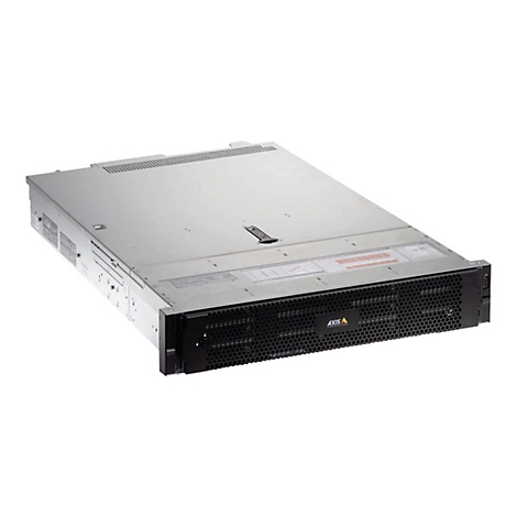 Un serveur rack gris sur fond blanc. Le logo Axis Communications est en bas à gauche.