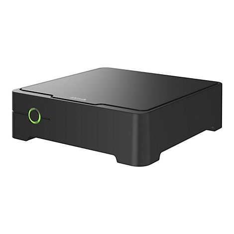 Schwarze, flache Axis-Netzwerkbox mit beleuchtetem grünen Ringknopf auf der Vorderseite.