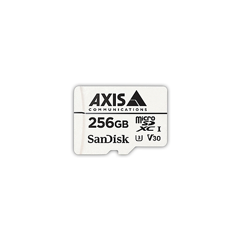 Eine weiße MicroSD-Karte, beschriftet mit 'AXIS COMMUNICATIONS', '256GB', 'SanDisk' und 'microSDXC I'.