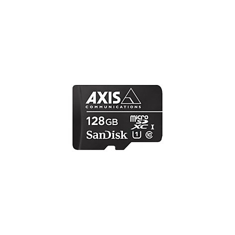 Schwarze microSDXC-Karte, AXIS-Logo, 128 GB, SanDisk-Schriftzug.