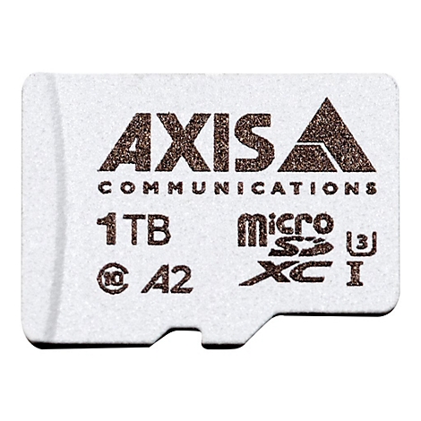 Nahaufnahme einer weißen Micro-SD-Karte mit Aufdruck. Oben steht AXIS COMMUNICATIONS, darunter 1TB, micro SD XC I, A2.