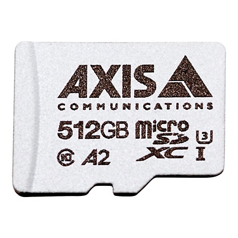 Eine weiße Micro-SD-Karte mit Aufdruck. Oben steht AXIS COMMUNICATIONS, darunter 512GB micro SDXC I.
