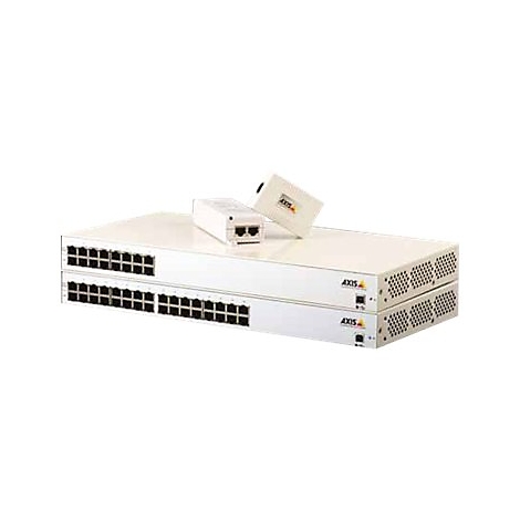 Zwei weiße Axis Netzwerk-Switches übereinander gestapelt mit zwei kleineren Adaptern darauf.