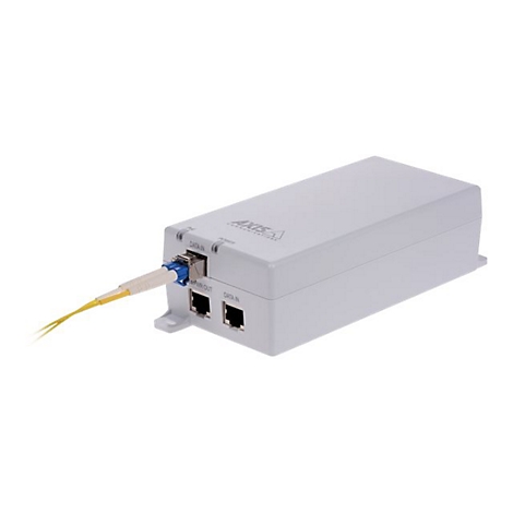 Graues Axis Netzwerkgerät mit eingestecktem Glasfaseranschluss und zwei Ethernet-Ports auf weißem Hintergrund.