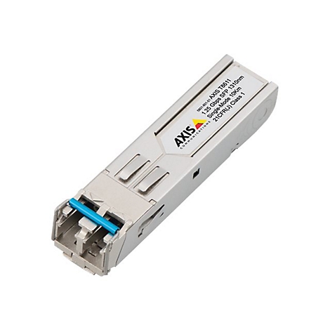 Ein graues AXIS-Kommunikationsmodul mit blauer Akzentfarbe. Aufschrift: AXIS, 1,25 Gbps SFP 1310nm.