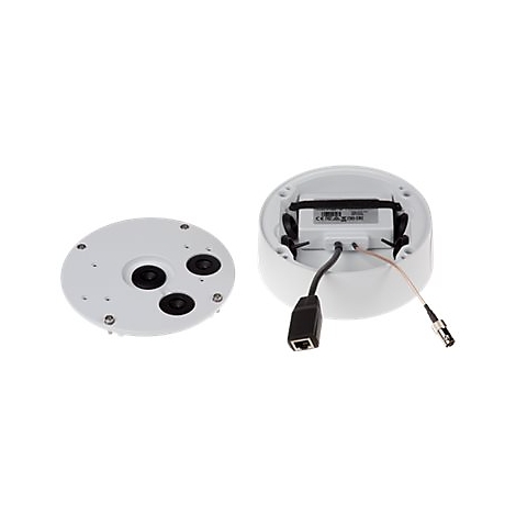 Detailaufnahme einer weißen Überwachungskamera. Die Kamera besteht aus einer runden Basis und einer abnehmbaren Abdeckung.