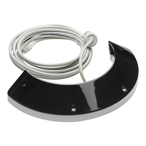 Halbkreisförmiges, schwarzes Gerät mit weißem Kabel. Das Kabel ist ringförmig angeordnet.