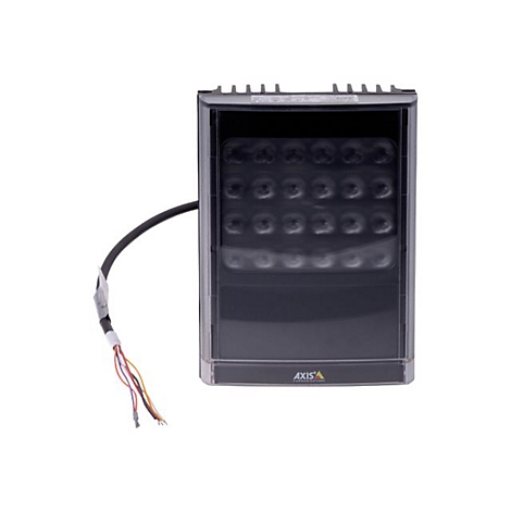 Schwarzer rechteckiger Strahler mit LED-Lichtern, AXIS-Logo. Ein Kabel mit bunten Drähten ragt heraus.