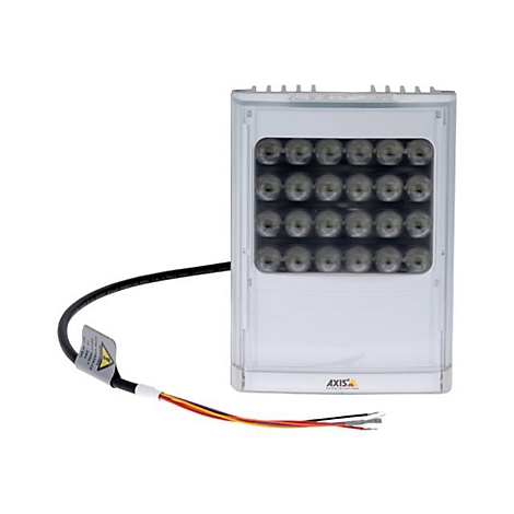 Rechteckiger LED-Strahler mit 24 LEDs. Kabel mit Warnhinweis und freiliegenden Drähten. Herstellerlogo 'AXIS'.