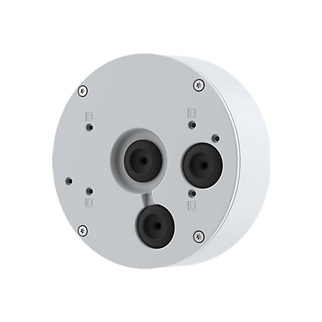 Nahaufnahme der Unterseite einer weißen Überwachungskamera. Drei schwarze Gummidichtungen sind in die graue Basis eingelassen.