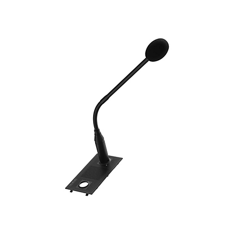 Microphone noir avec col flexible et base rectangulaire.